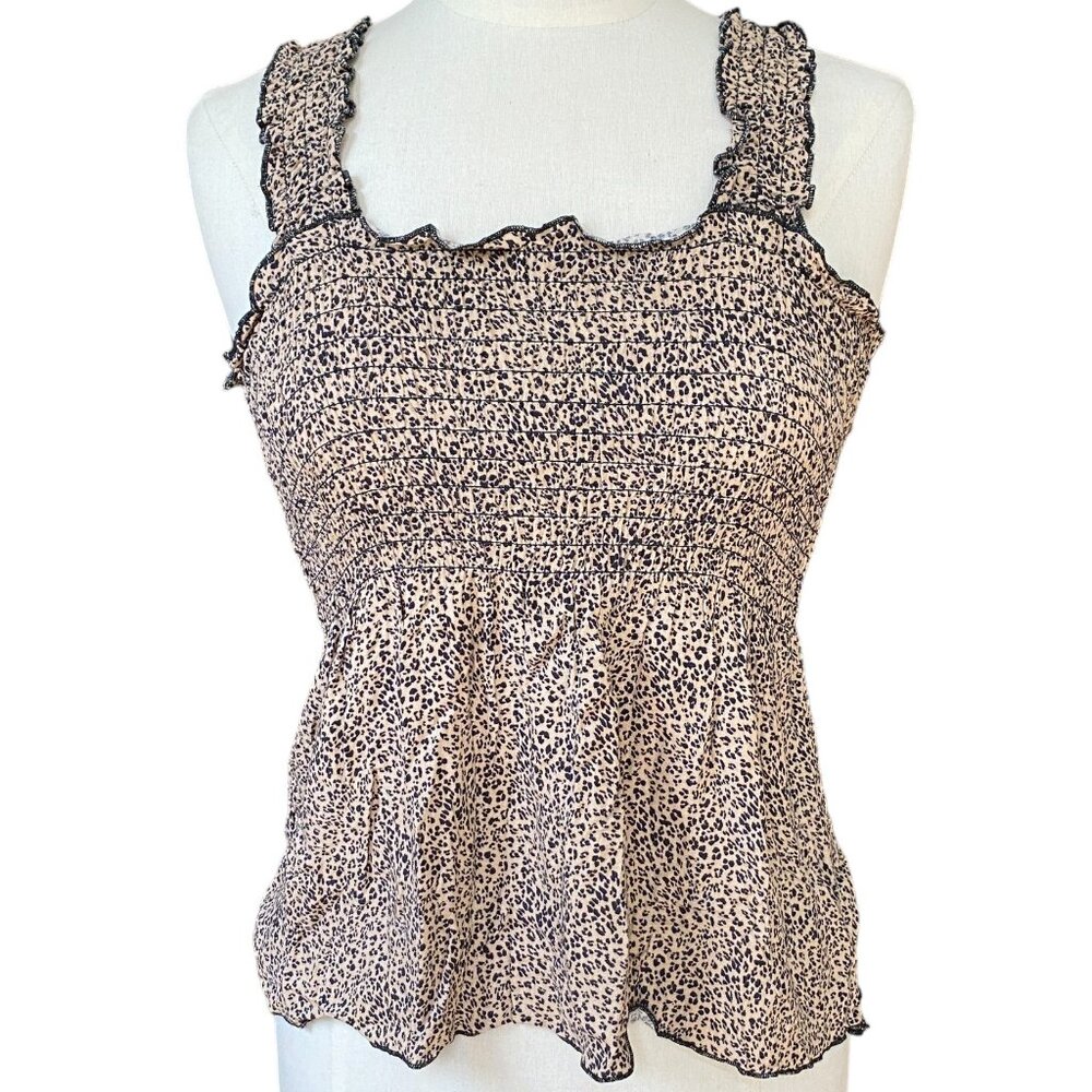 Vintage Y2K Urban Romantics Leopard Print Babydoll Tank Top Smocked Whimsigoth-S